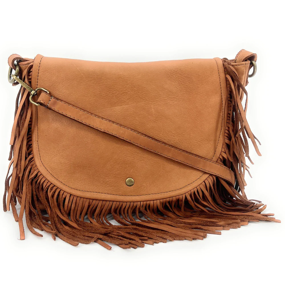 Sac besace à franges en cuir vintage MISS NAYA Camel foncé - Image 2