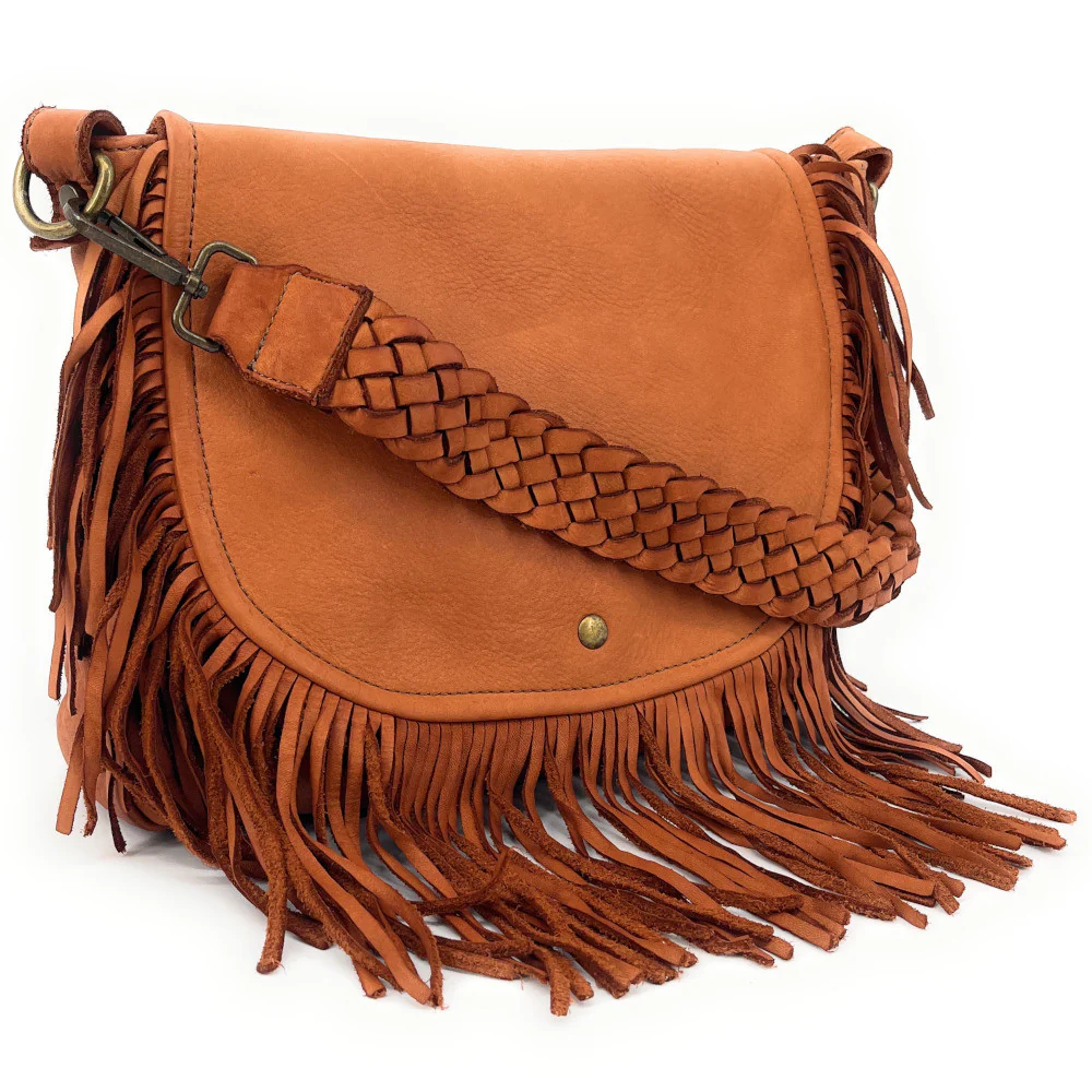 Sac besace à franges en cuir vintage MISS NAYA Camel foncé - Image 3