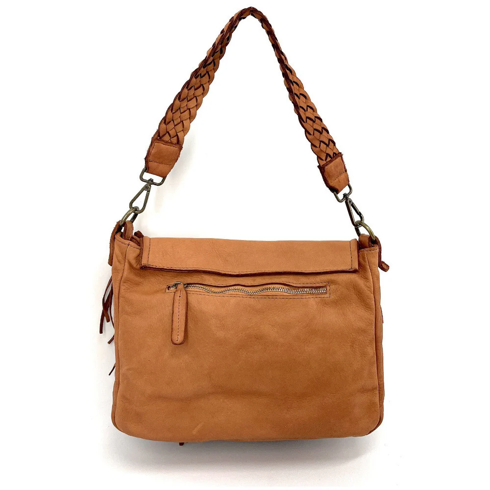 Sac besace à franges en cuir vintage MISS NAYA Camel foncé - Image 4