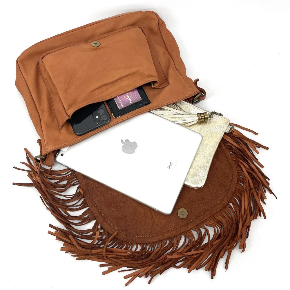 Sac besace à franges en cuir vintage MISS NAYA Camel foncé - Image 5