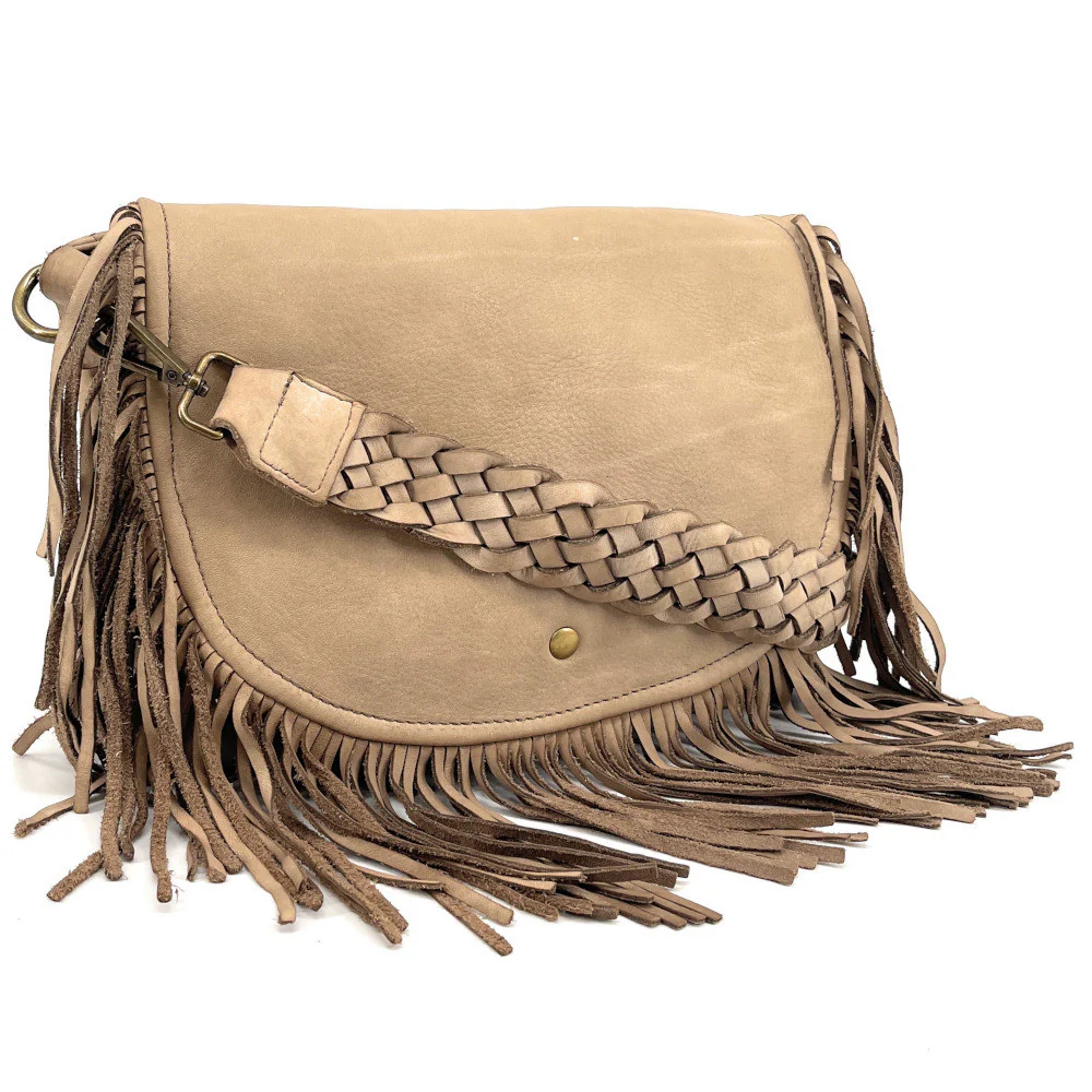 Sac besace à franges en cuir vintage MISS NAYA Taupe clair - Image 3
