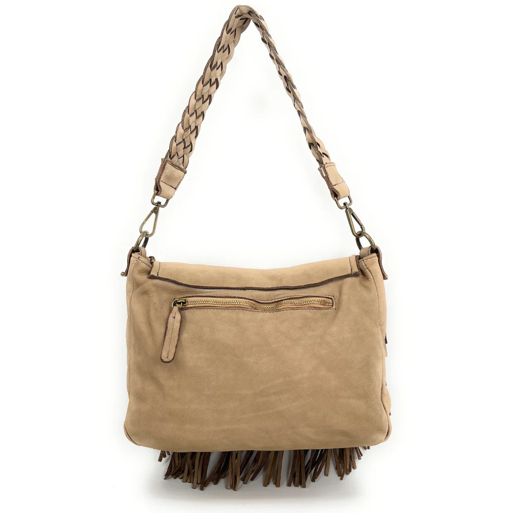 Sac besace à franges en cuir vintage MISS NAYA Taupe clair - Image 4