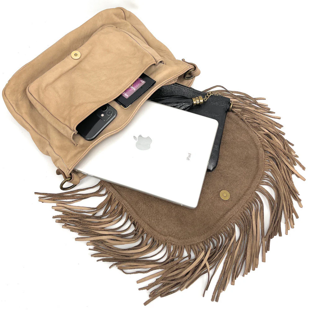 Sac besace à franges en cuir vintage MISS NAYA Taupe clair - Image 5