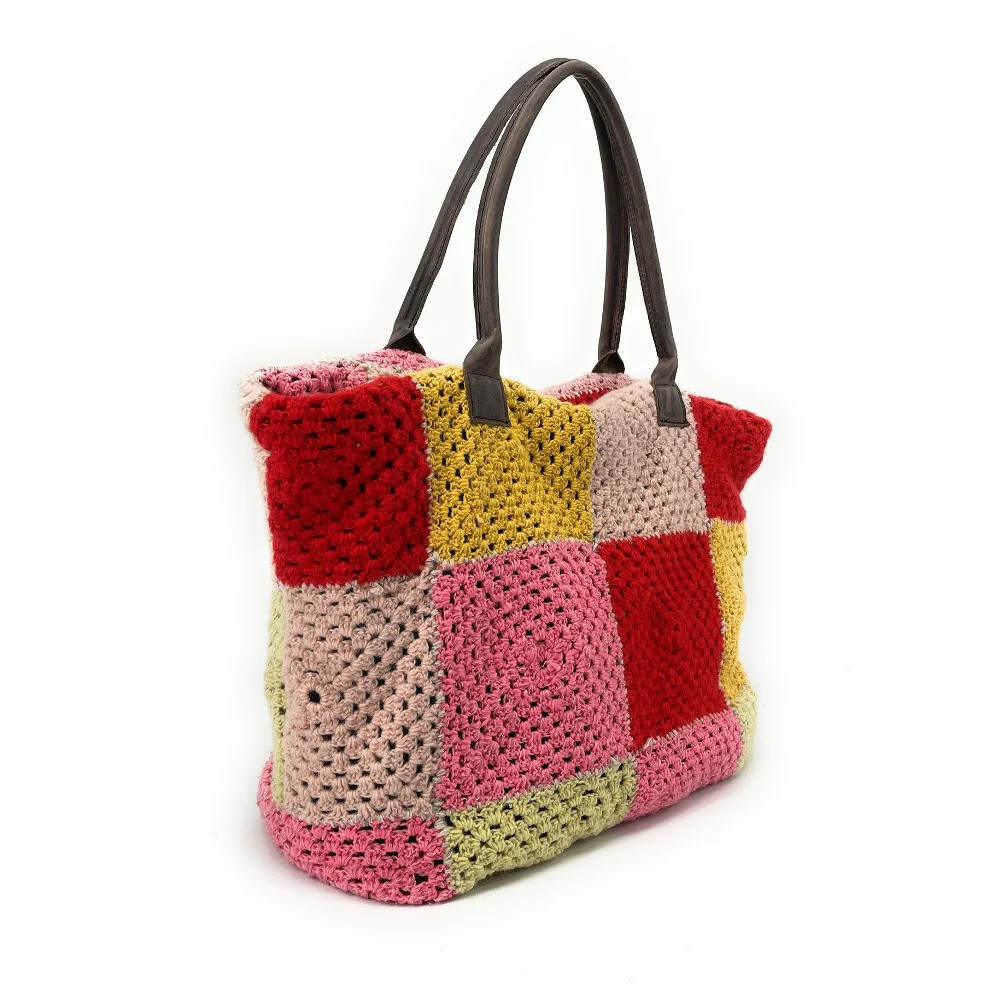 Sac à main cabas en coton et cuir NEEDLE Rose intense - Image 2
