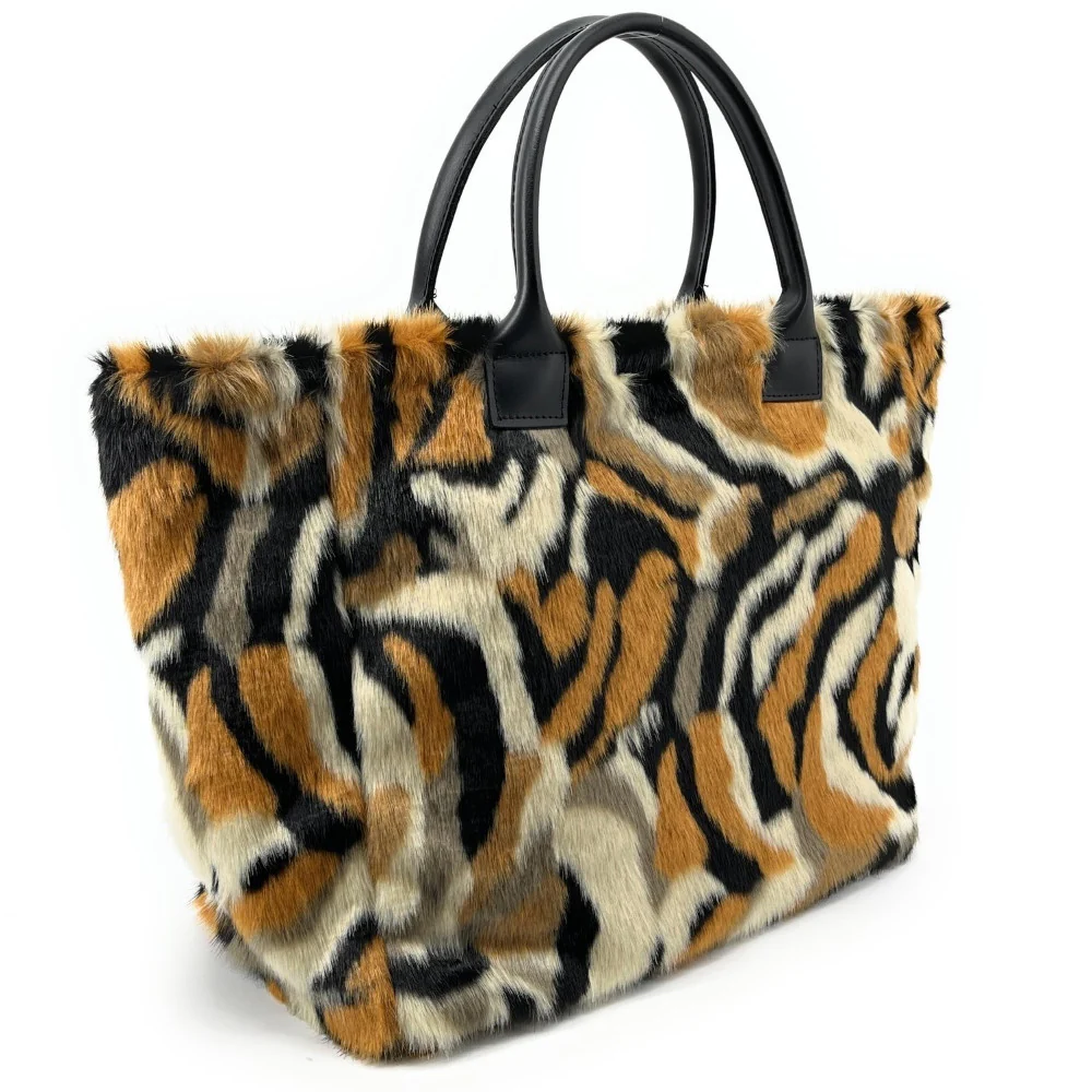 Sac cabas shopping XL en fausse fourrure et cuir TABBY Camel - Image 2