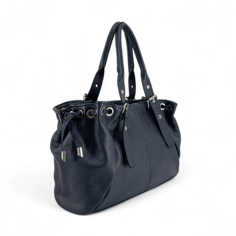 Sac bowling porté épaule en cuir grainé PRINCESSE Bleu marine - Image 2
