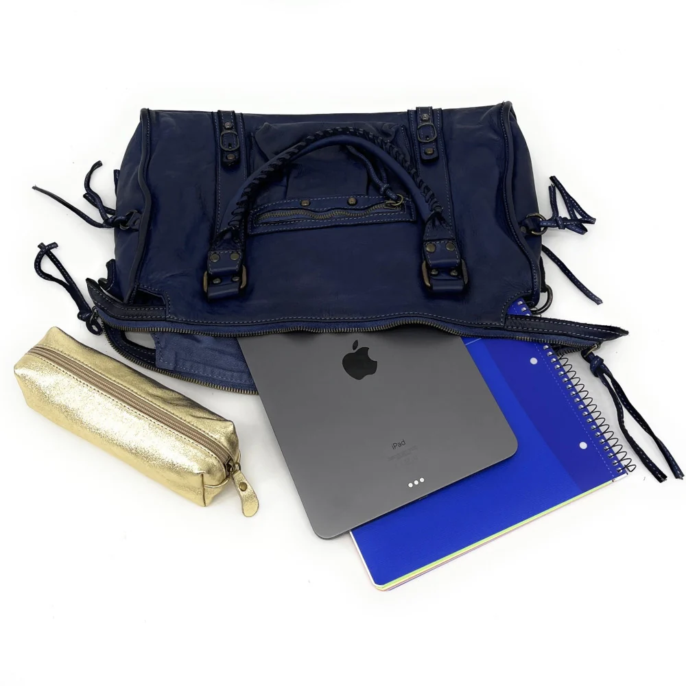 Sac à main en cuir vintage MISS STORM Bleu marine - Image 5
