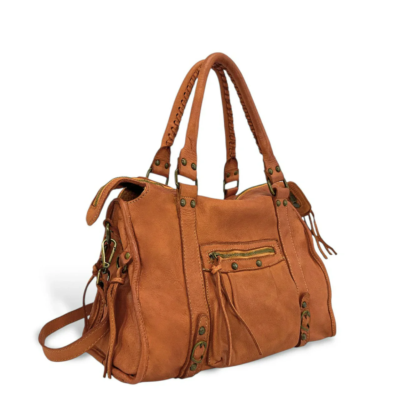 Sac à main en cuir vintage MISS STORM Camel clair - Image 2