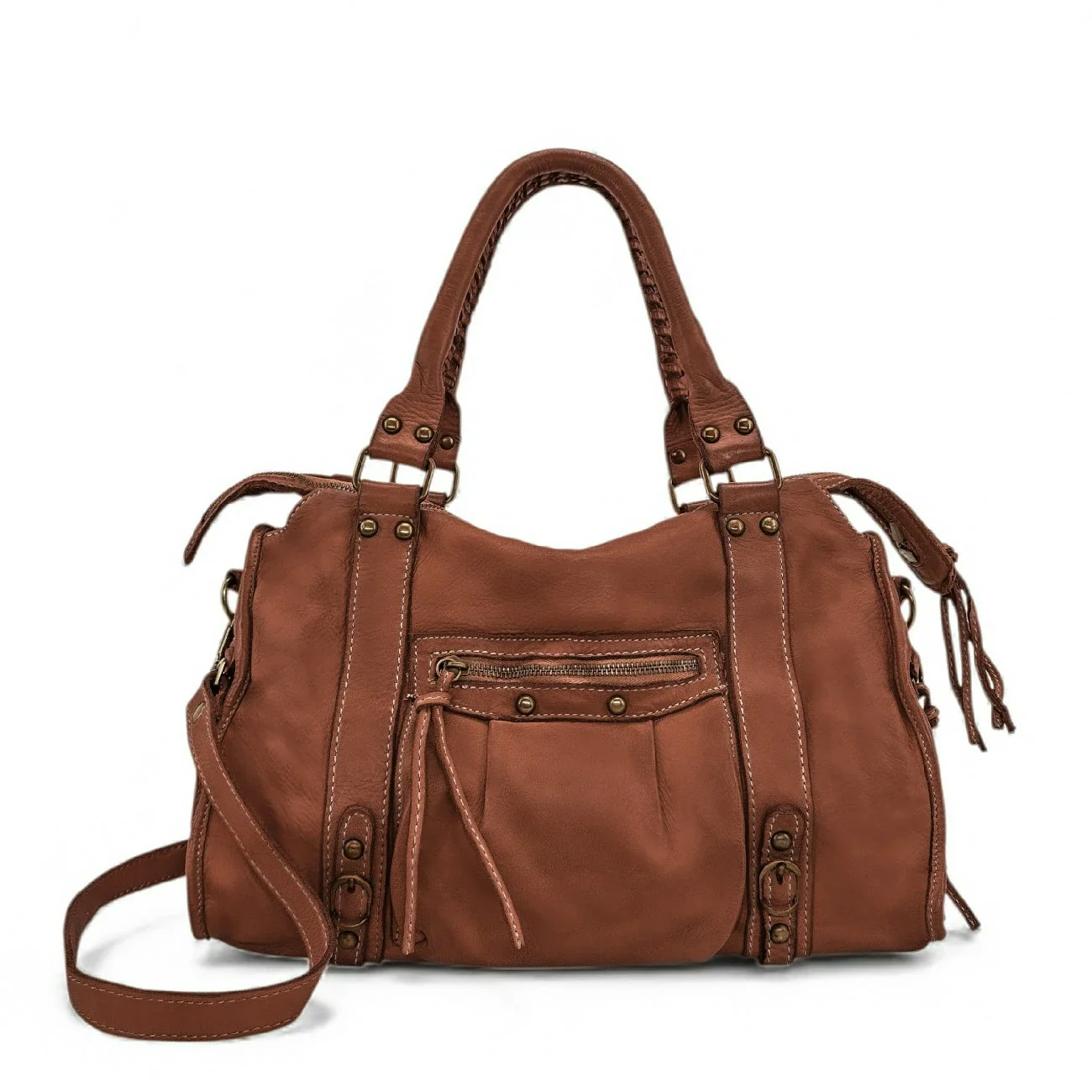 Sac à main en cuir vintage MISS STORM Cognac - Image 4