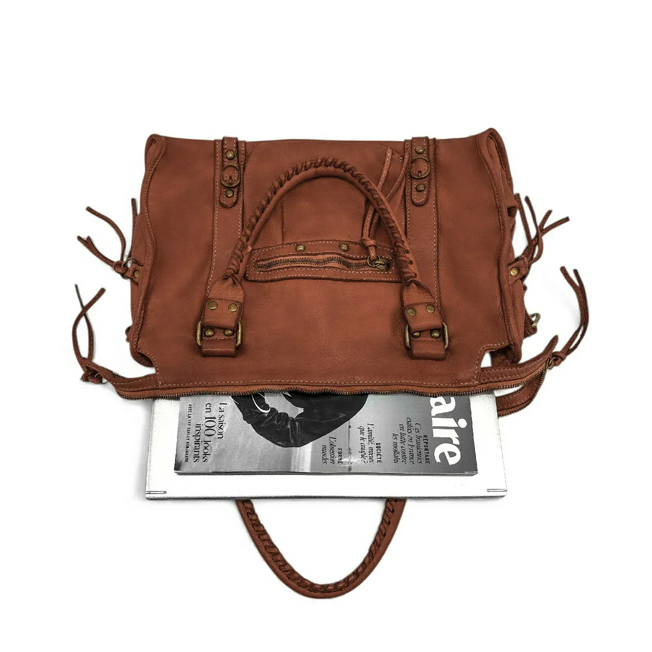 Sac à main en cuir vintage MISS STORM Cognac - Image 7