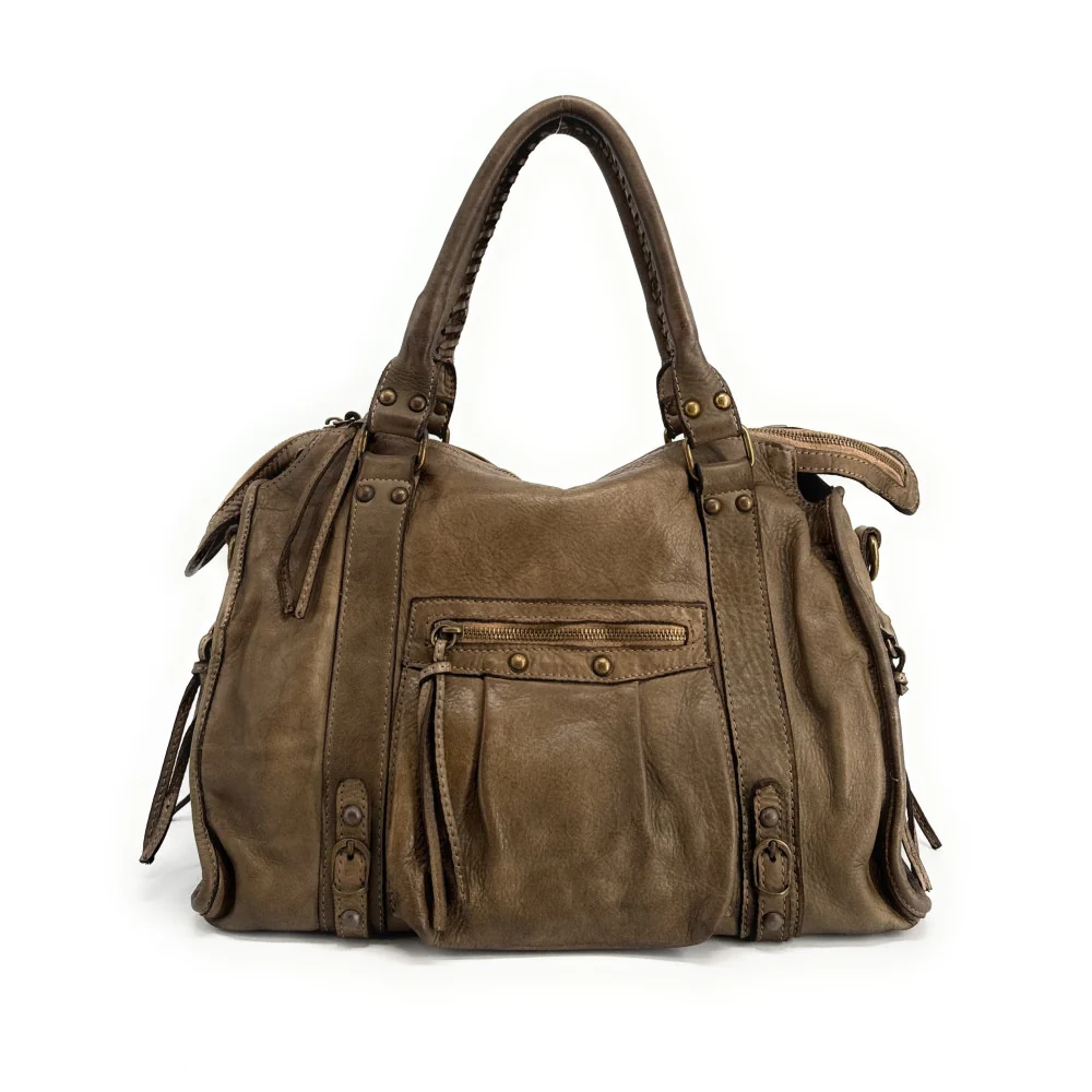 Sac à main en cuir vintage MISS STORM Taupe foncé