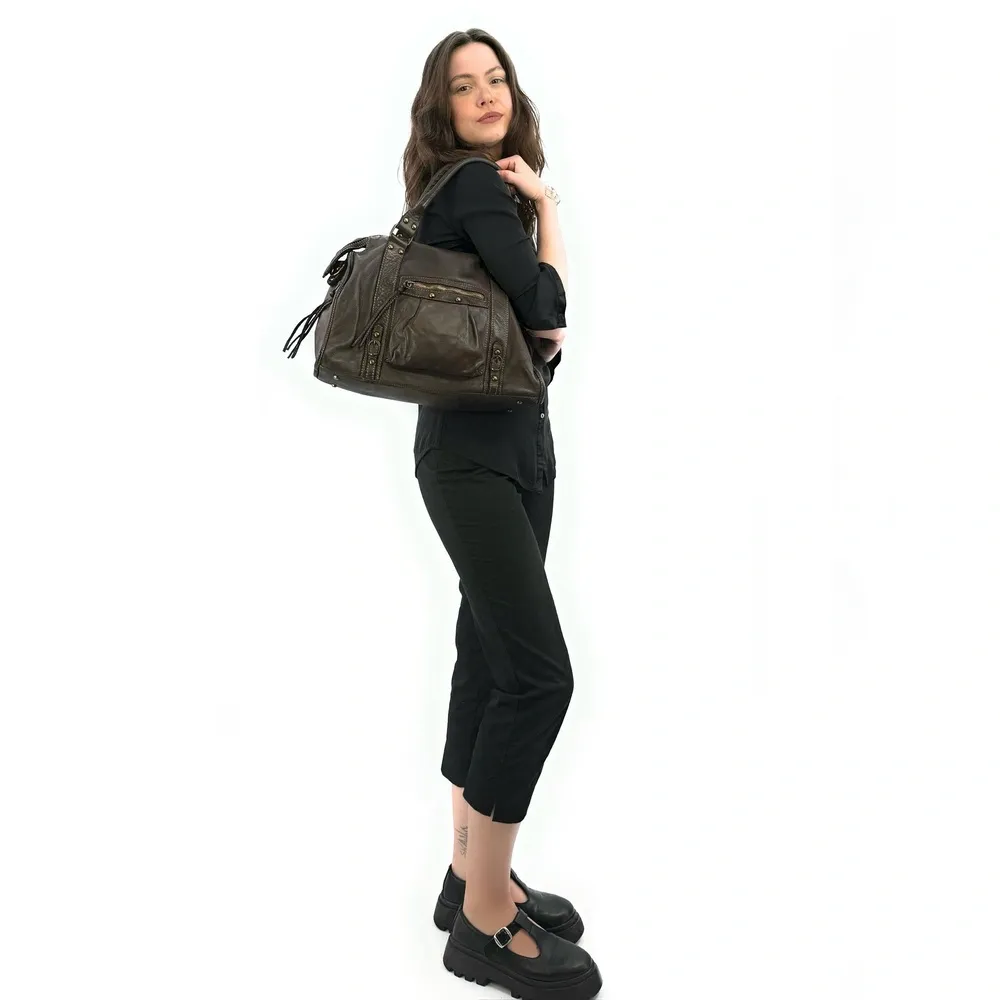 Sac à main en cuir vintage MISS STORM Taupe foncé - Image 6