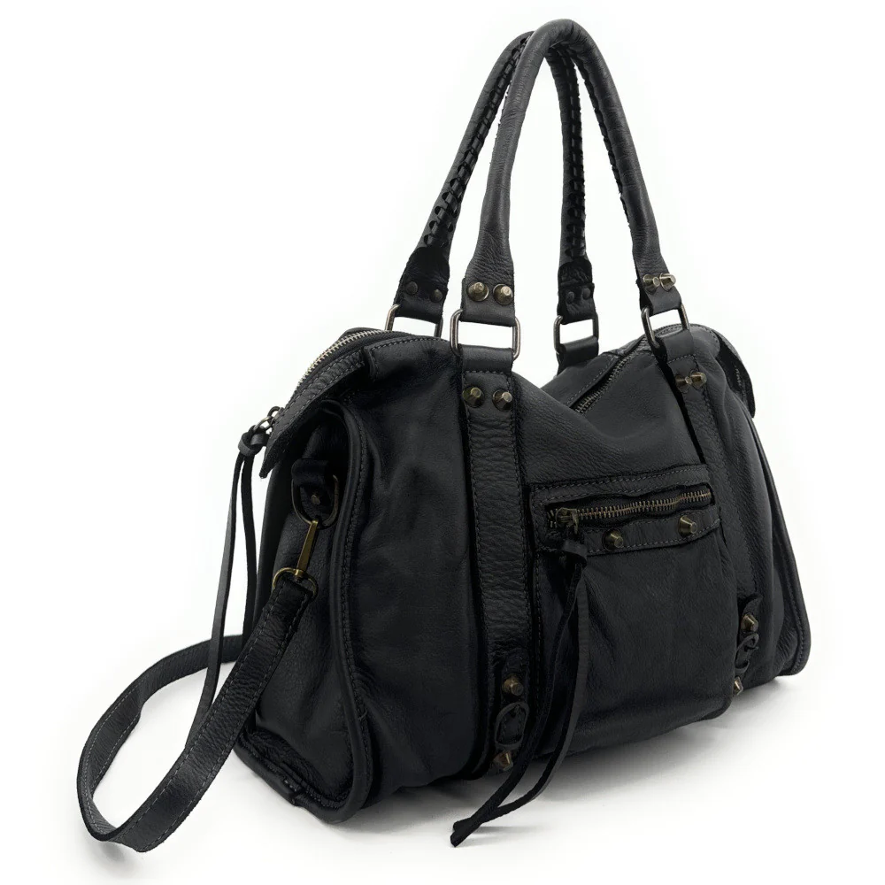 Sac à main porté épaule en cuir vintage STORM ROCK Naked black - Image 4