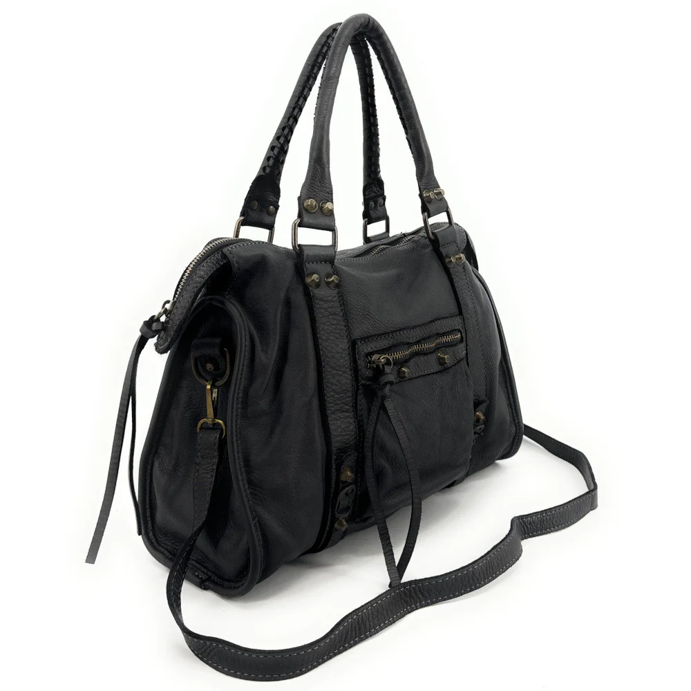 Sac à main porté épaule en cuir vintage STORM ROCK Naked black - Image 5