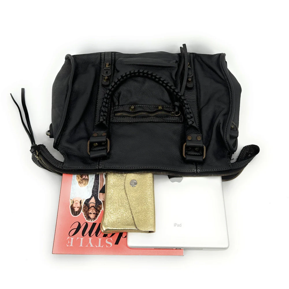 Sac à main porté épaule en cuir vintage STORM ROCK Naked black - Image 6