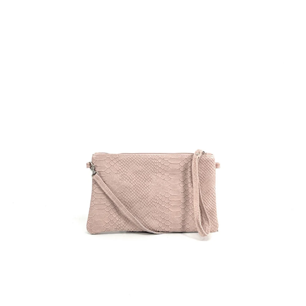 Sac pochette en cuir effet serpent DUNDEE Rose nude - Image 3