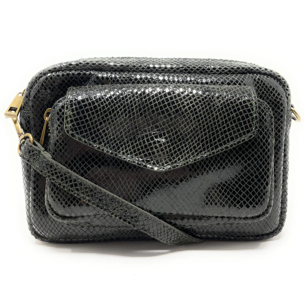 Sac à main trotteur en cuir embossé verni OURASI Kaki - Image 4