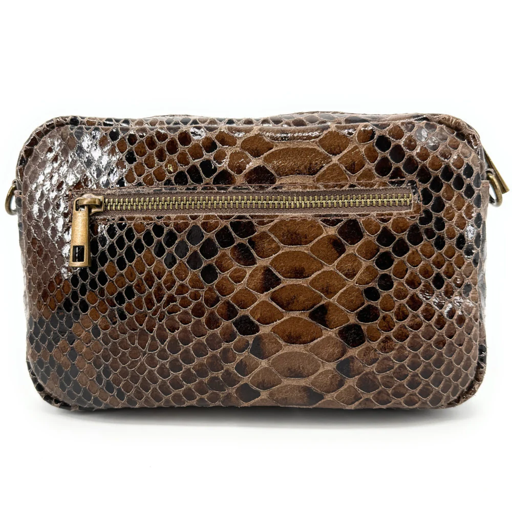 Sac à main trotteur en cuir embossé verni OURASI Serpent chocolat - Image 3