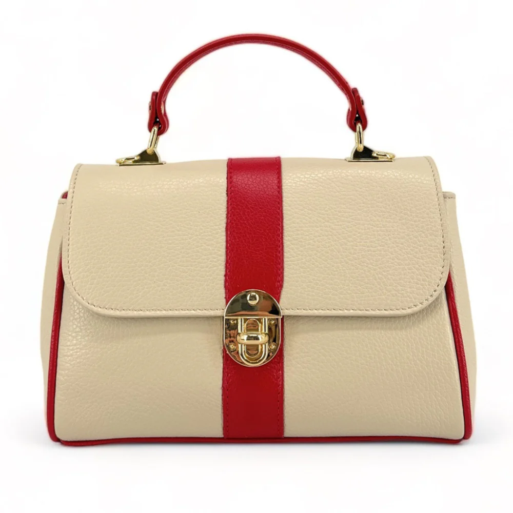Sac à main en cuir grainé ZOE Beige / Rouge garance - Image 4