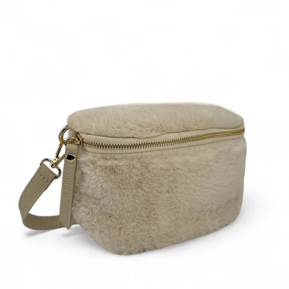 Sac banane en cuir et fausse fourrure LOU KITTY Beige crème - Image 3