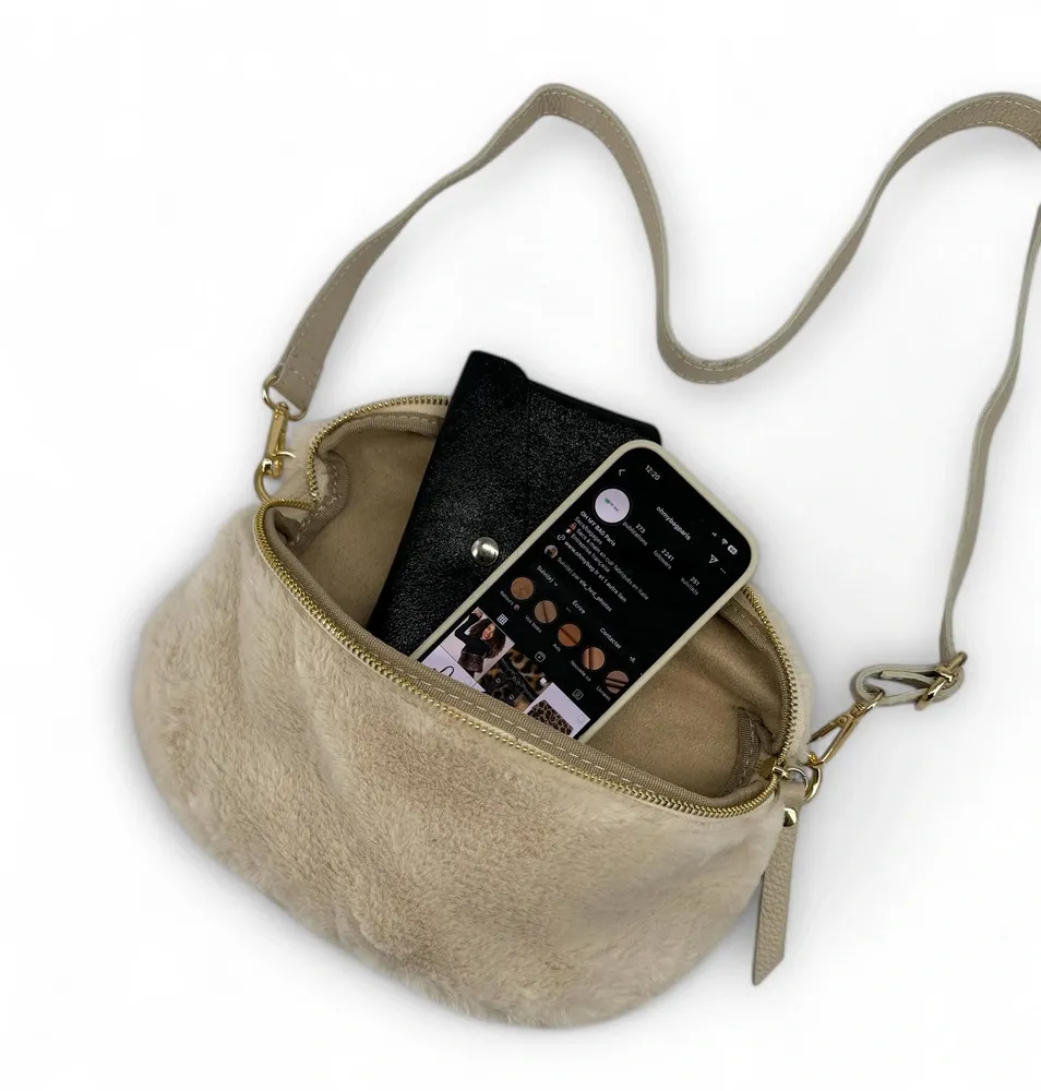 Sac banane en cuir et fausse fourrure LOU KITTY Beige crème - Image 5