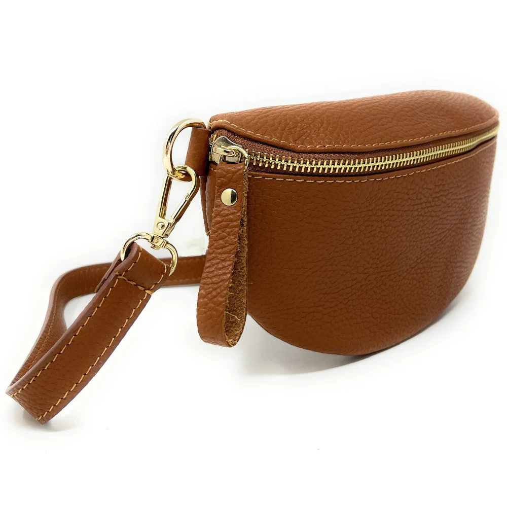 Sac banane en cuir grainé LOU-DO métal doré Camel - Image 2