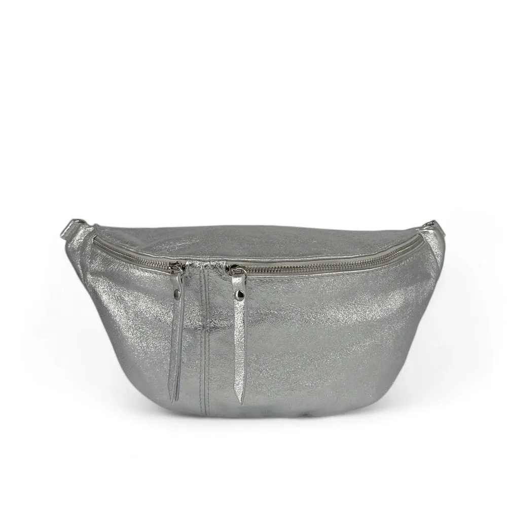 Sac banane en cuir irisé LILOU GLOW Argent moyen