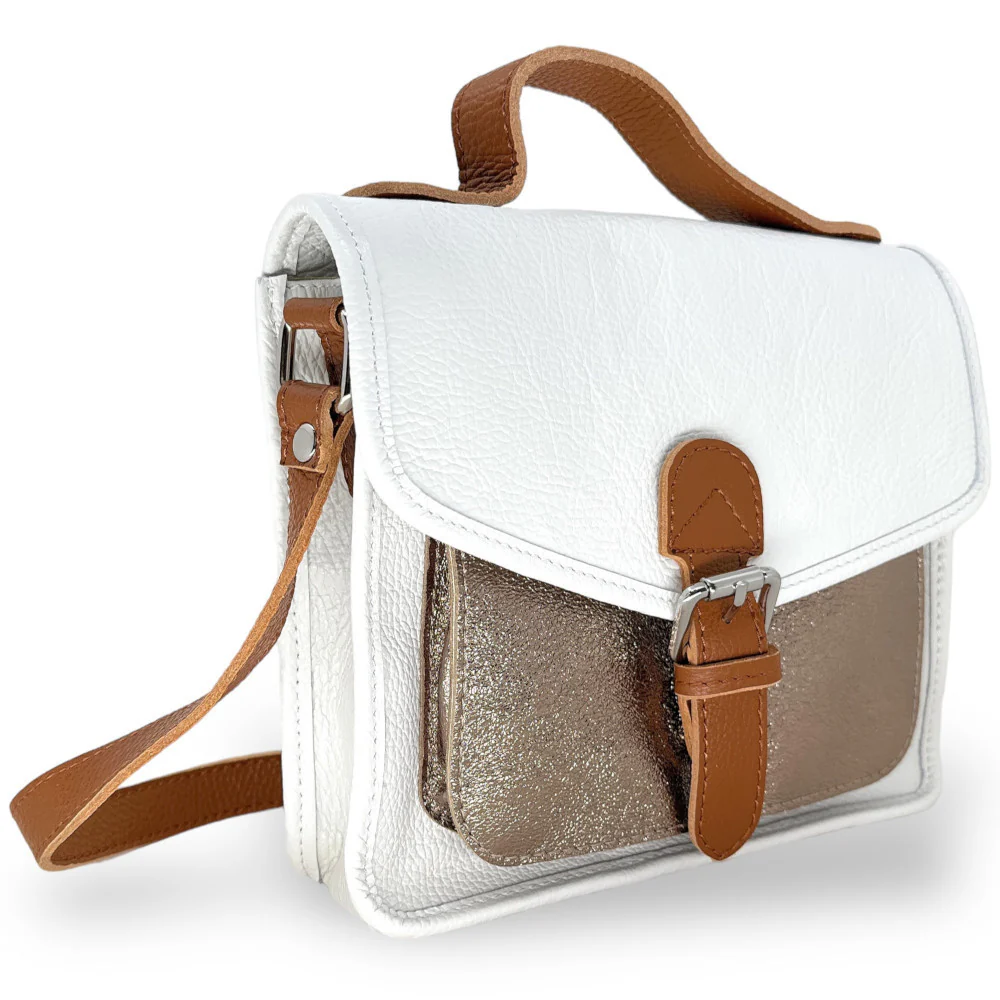 Sac cartable à bandoulière en cuir grainé et cuir irisé CORTE Blanc - Image 3
