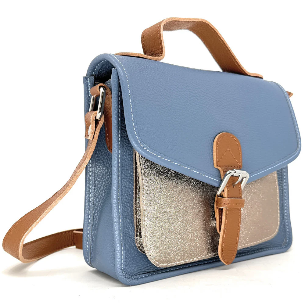 Sac cartable à bandoulière en cuir grainé et cuir irisé CORTE Bleu glacier - Image 2