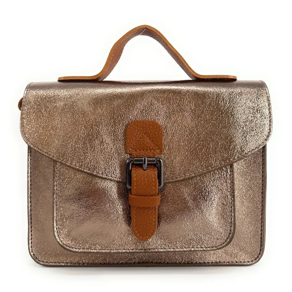 Sac cartable à bandoulière en cuir grainé et cuir irisé CORTE Champagne irisé - Image 4