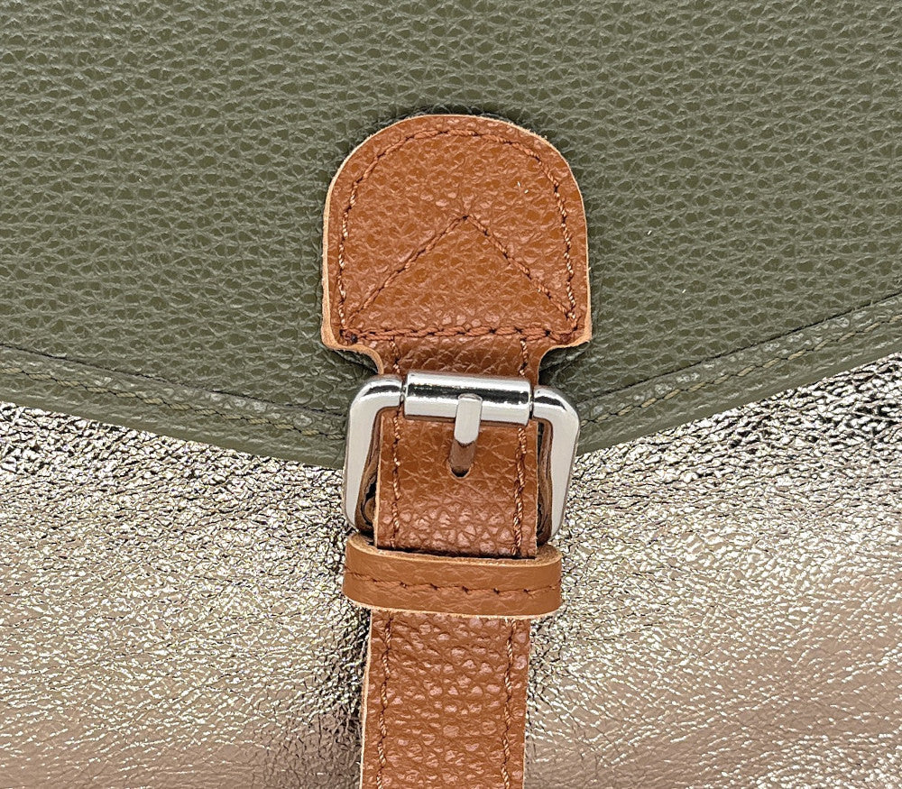 Sac cartable à bandoulière en cuir grainé et cuir irisé CORTE Kaki - Image 4