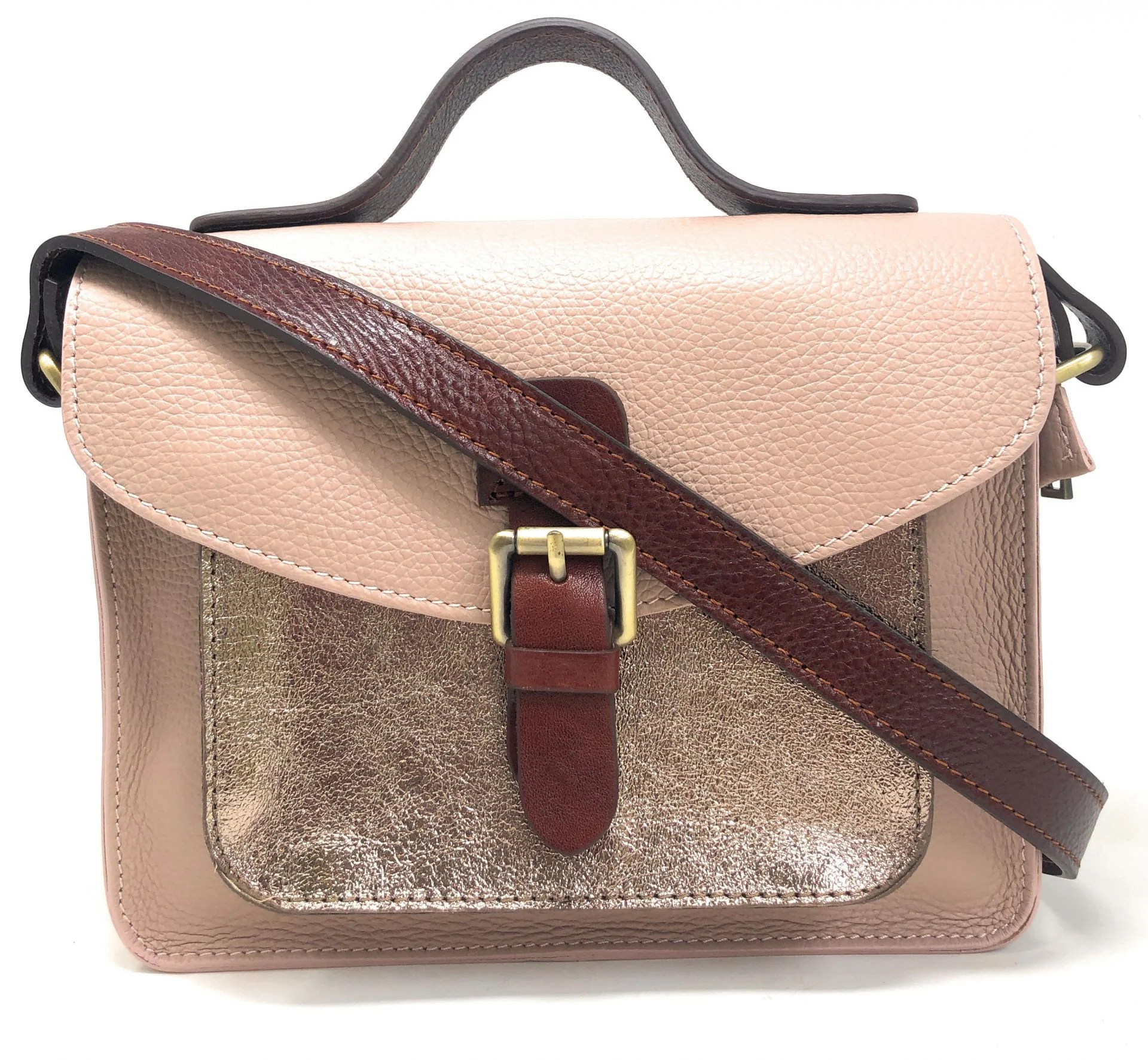 Sac cartable à bandoulière en cuir grainé et cuir irisé CORTE Rose nude - Image 3