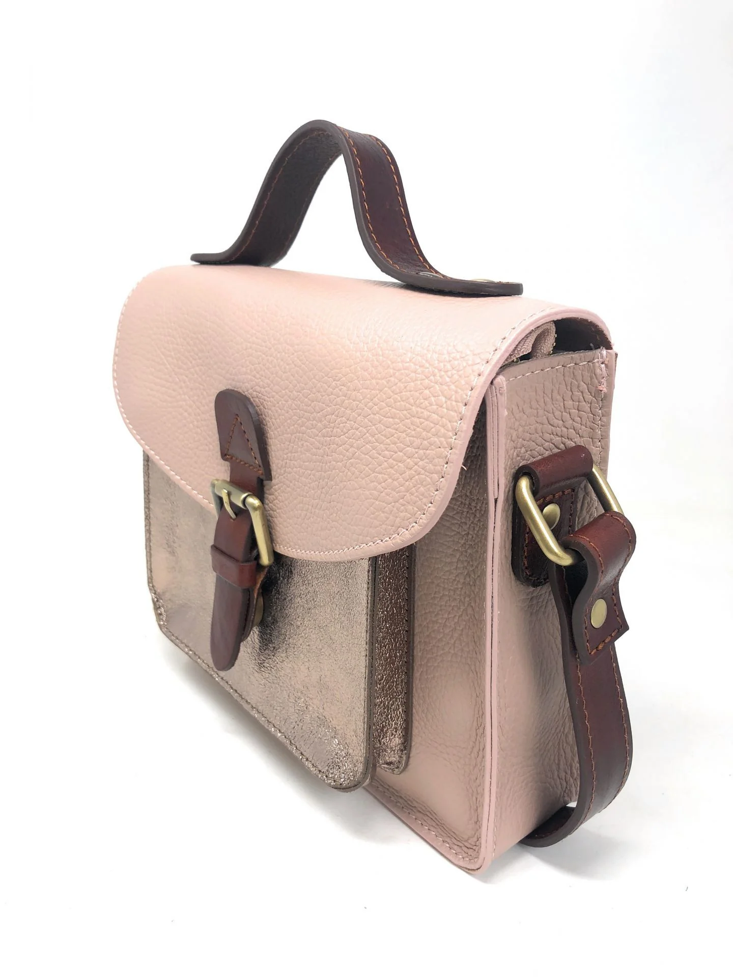 Sac cartable à bandoulière en cuir grainé et cuir irisé CORTE Rose nude - Image 5