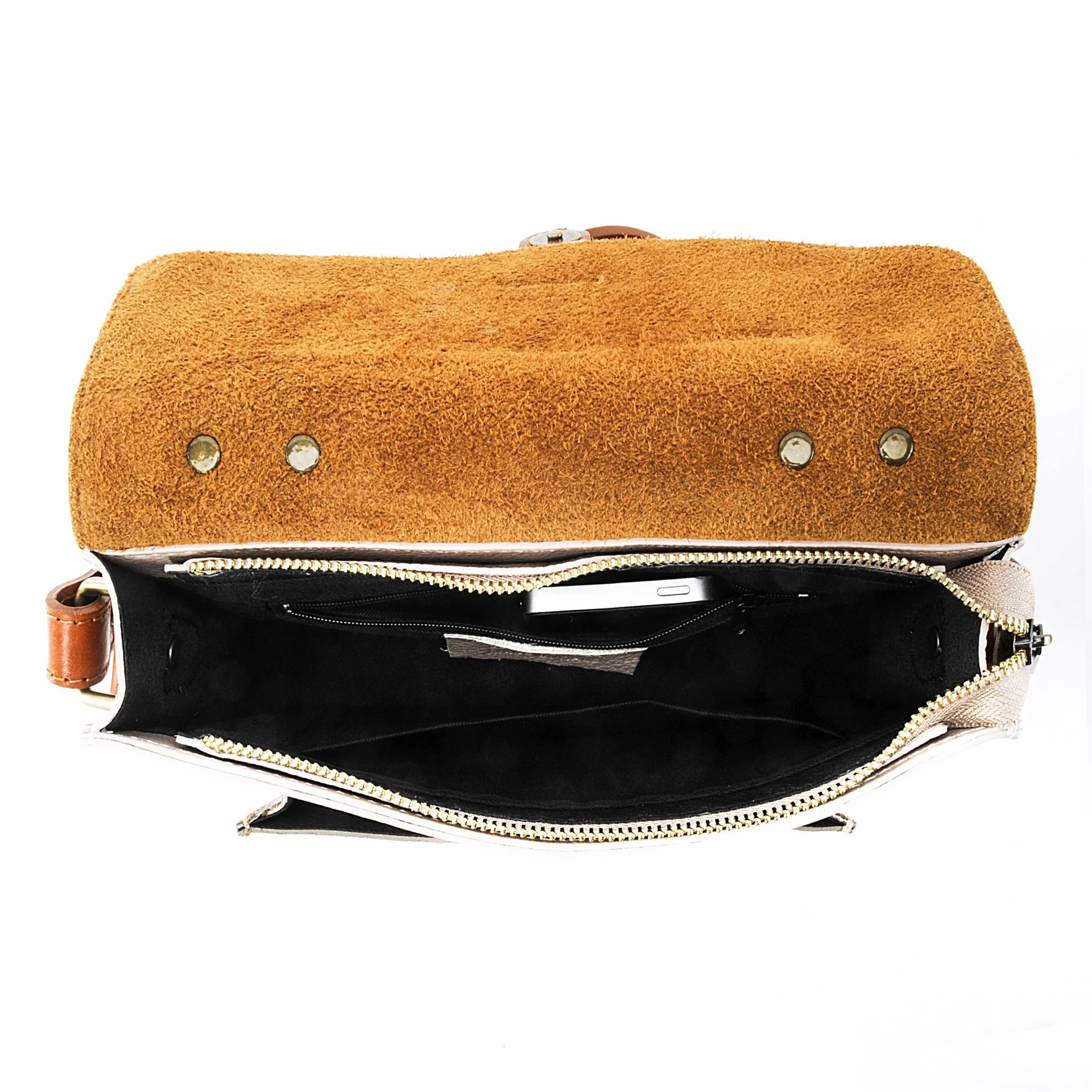 Sac cartable à bandoulière en cuir grainé et cuir irisé CORTE Rose nude - Image 7