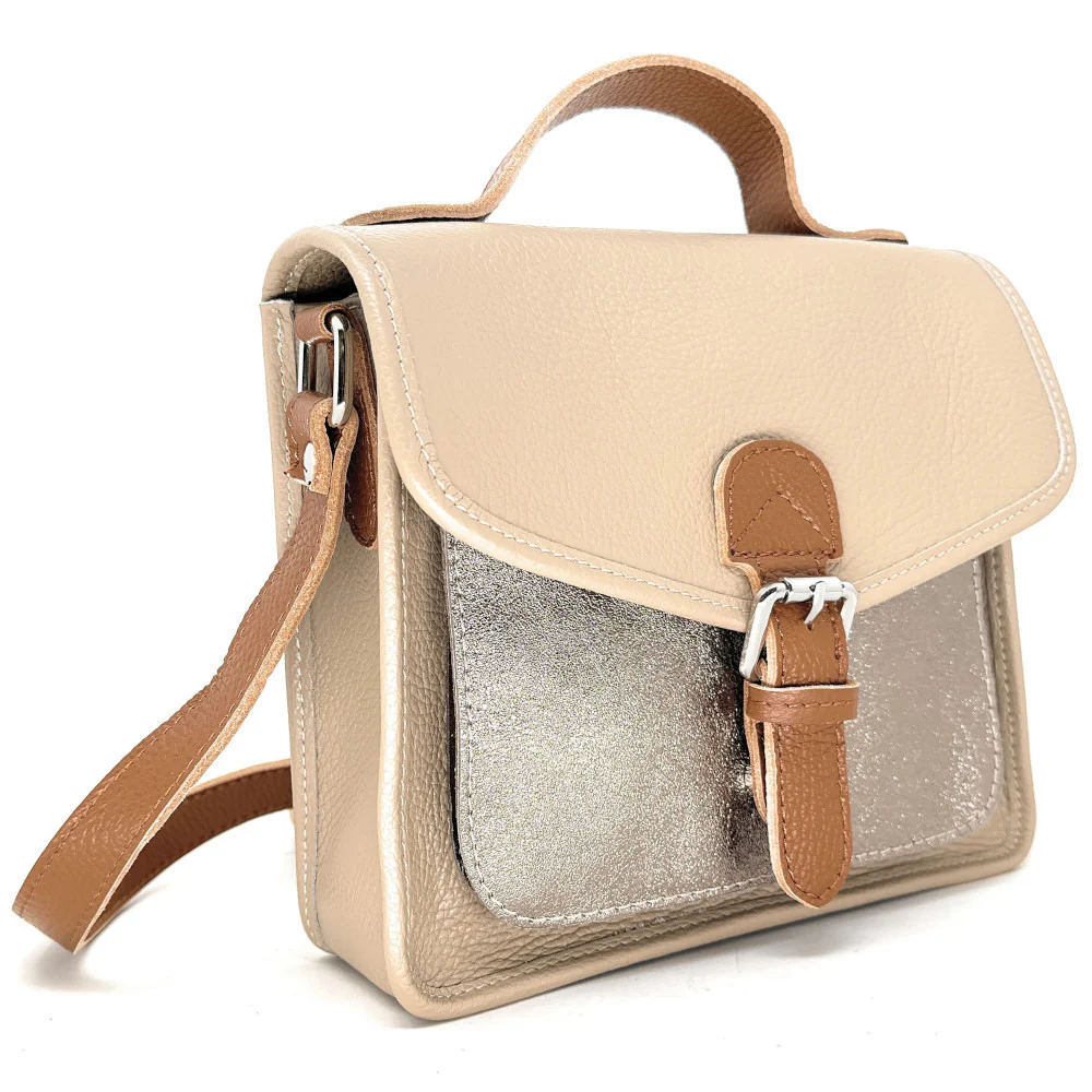 Sac cartable à bandoulière en cuir grainé et cuir irisé CORTE Taupe clair - Image 2