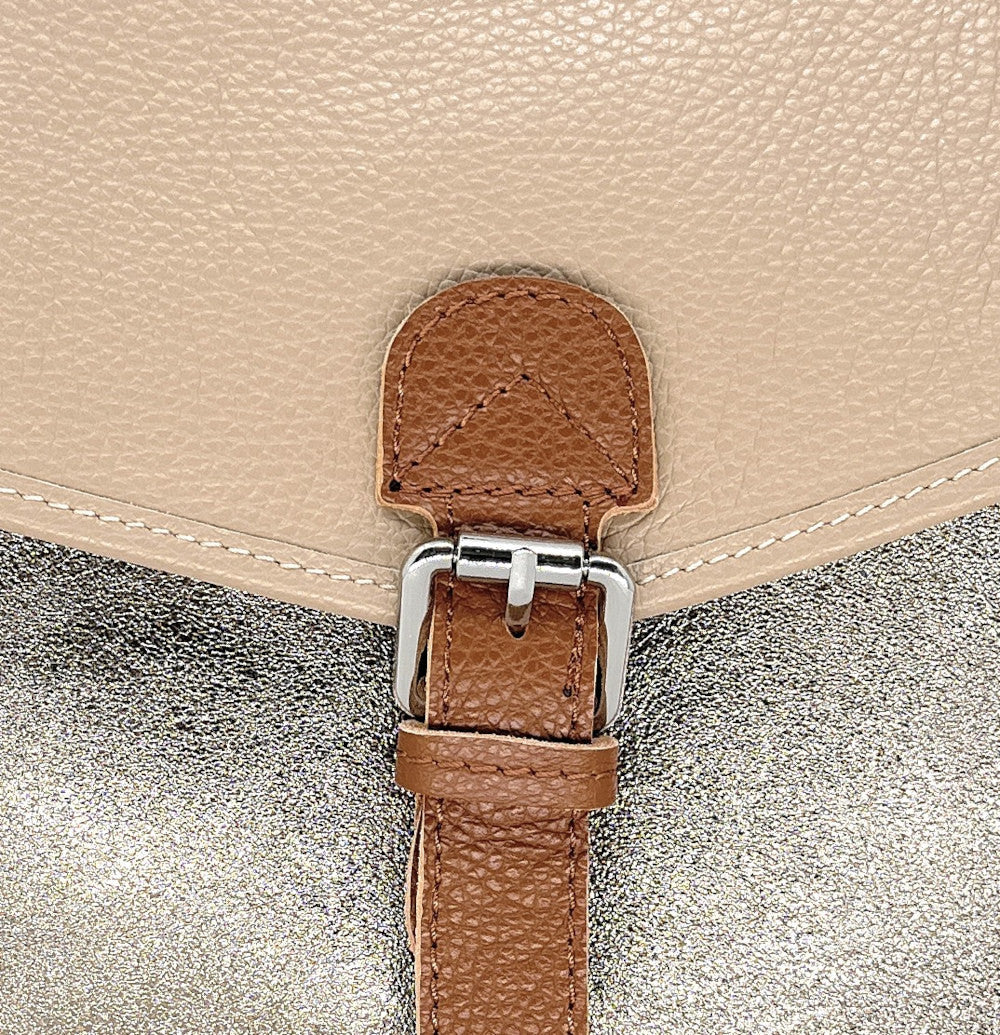 Sac cartable à bandoulière en cuir grainé et cuir irisé CORTE Taupe clair - Image 4