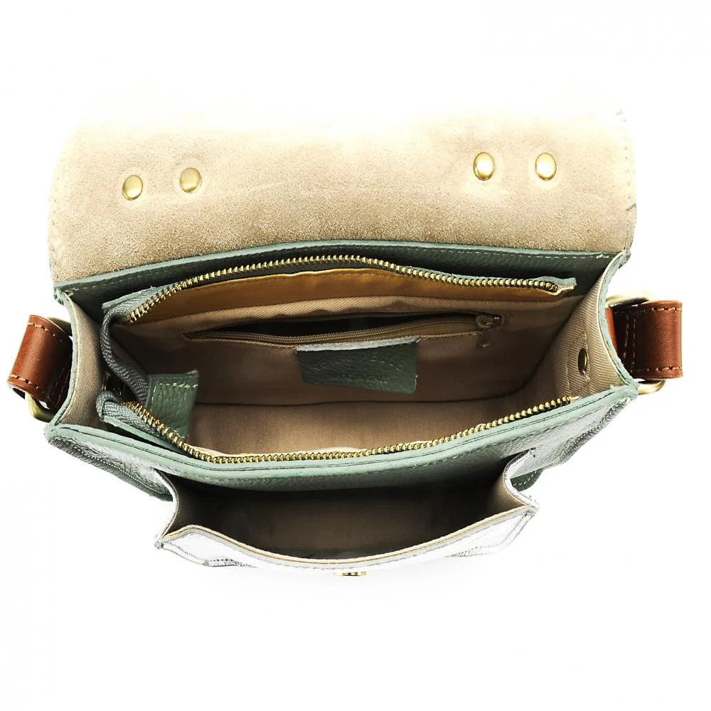 Sac cartable à bandoulière en cuir grainé et cuir irisé CORTE Vert pastel - Image 5