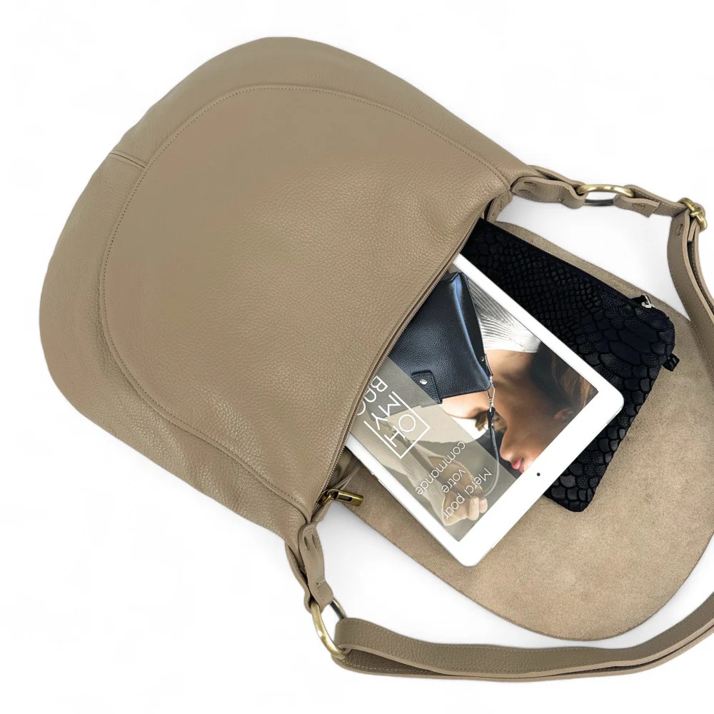 Sac besace à bandoulière en cuir grainé BIG CITIZEN Taupe - Image 5