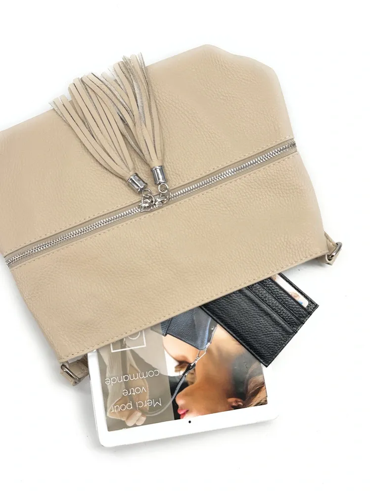 Sac bandoulière en cuir grainé LONDON Taupe clair - Image 5