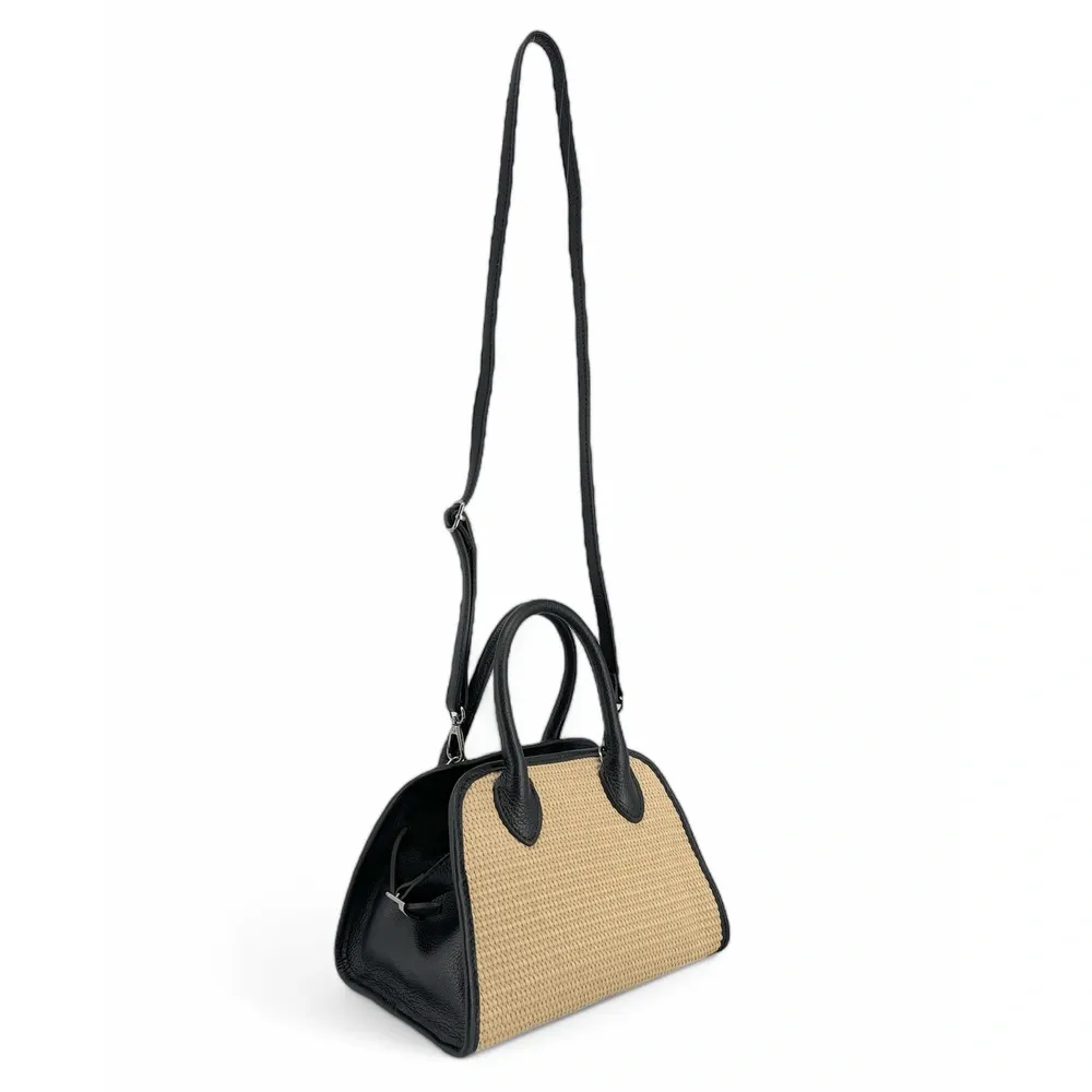 Sac bowling en cuir grainé et raphia VALENTINA Noir - Image 4