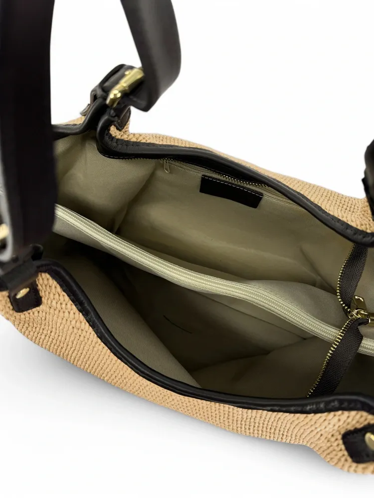 Sac cabas en cuir grainé et raphia IMPERIA Beige crème - Image 5