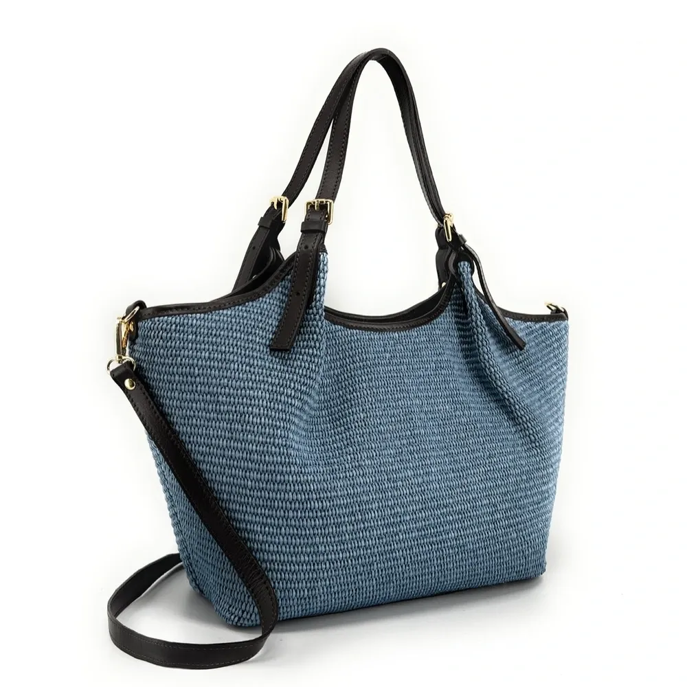 Sac cabas en cuir grainé et raphia IMPERIA Bleu denim - Image 2