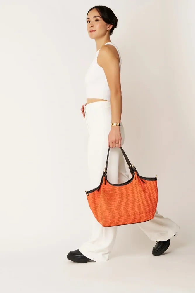 Sac cabas en cuir grainé et raphia IMPERIA Mandarine - Image 2