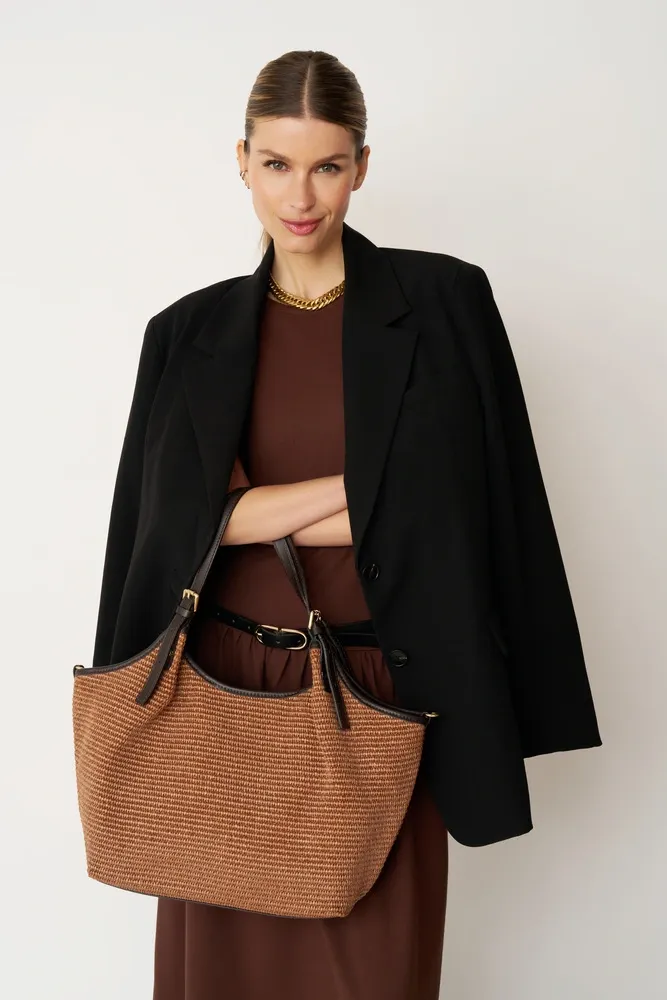 Sac cabas en cuir grainé et raphia IMPERIA Mocha mousse - Image 2