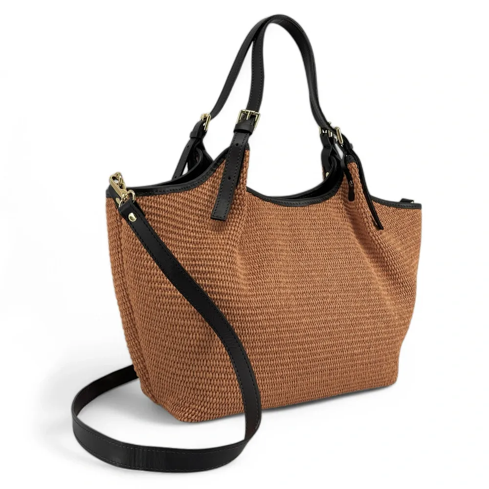 Sac cabas en cuir grainé et raphia IMPERIA Mocha mousse - Image 3