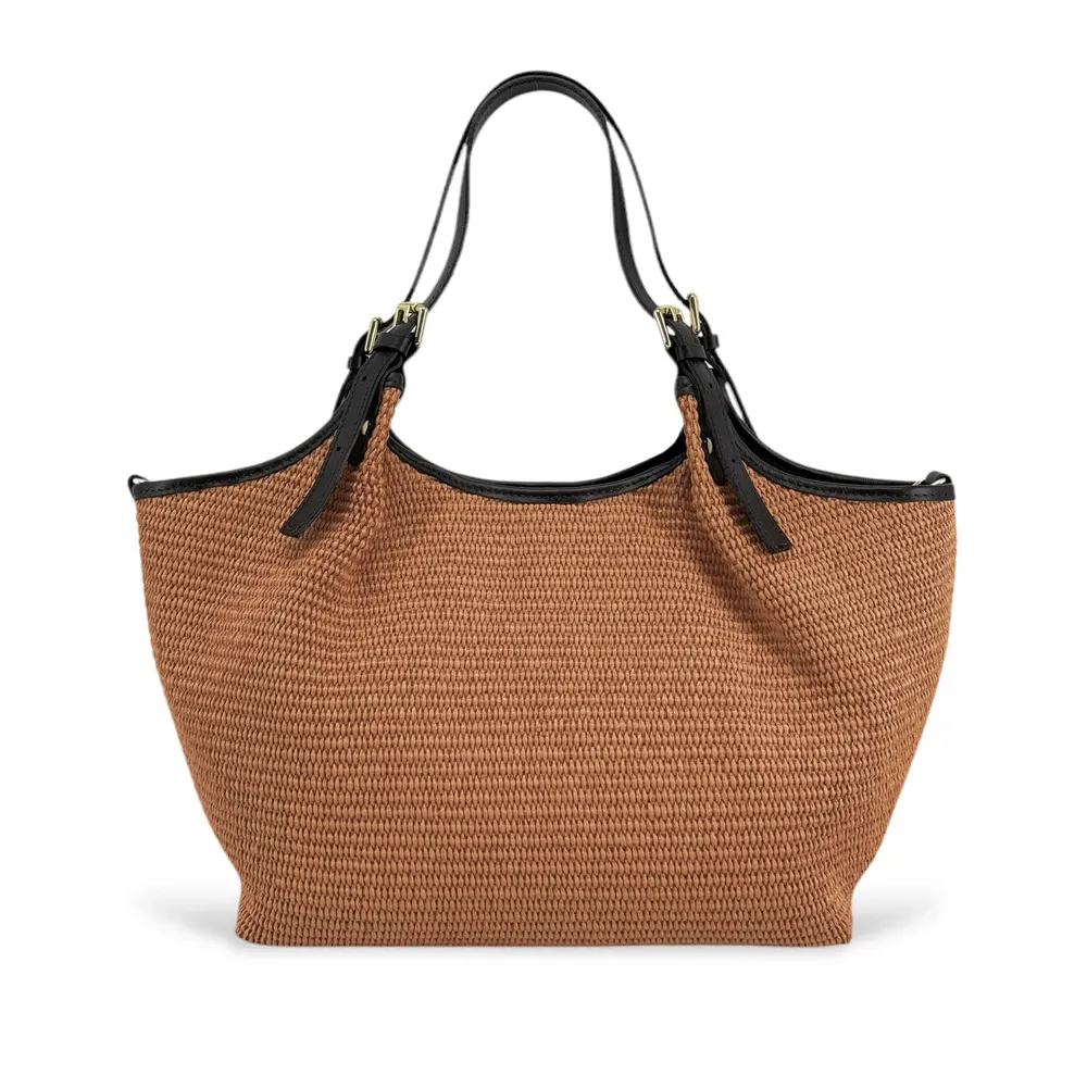 Sac cabas en cuir grainé et raphia IMPERIA Mocha mousse - Image 4
