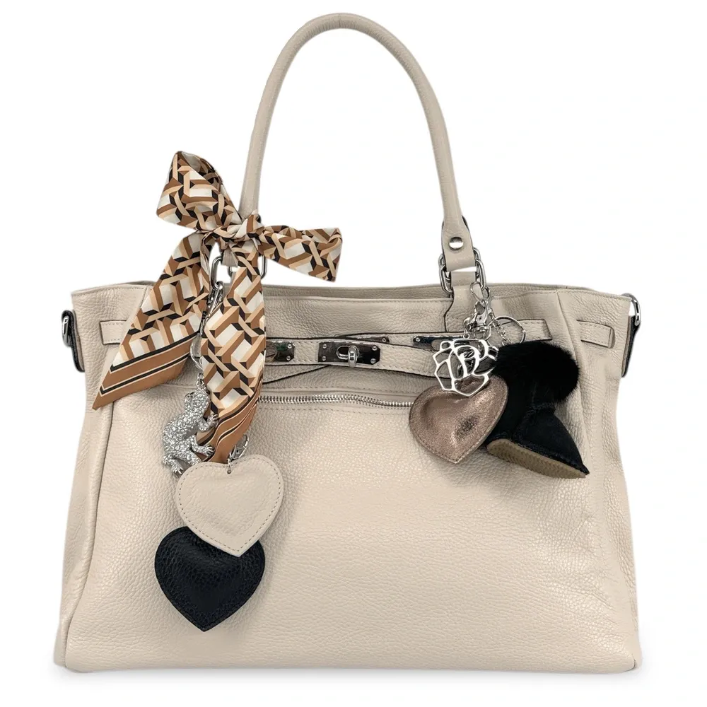 Sac cabas en cuir grainé JANET SILVER Beige crème - Image 4