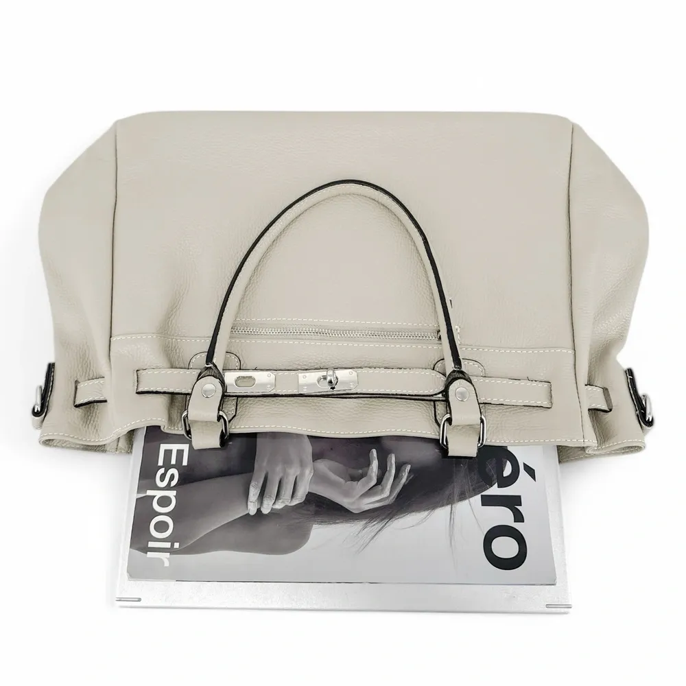 Sac cabas en cuir grainé JANET SILVER Beige crème - Image 5