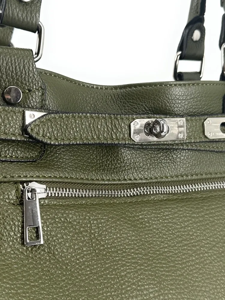 Sac cabas en cuir grainé JANET SILVER Vert Kaki - Image 6