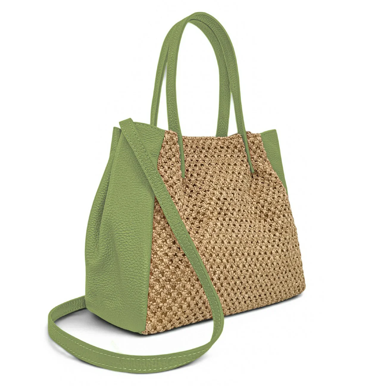 Sac cabas en cuir grainé et raphia OXANE Vert matcha latte - Image 2
